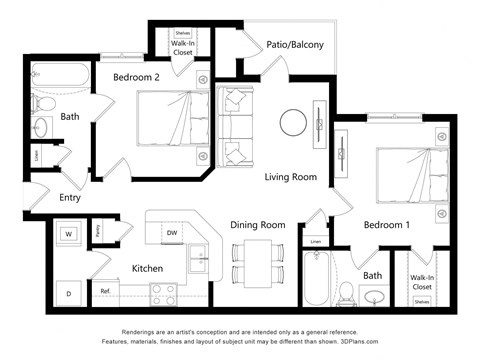 Floor plan for 2 beds, 2 baths, 1192 sqft